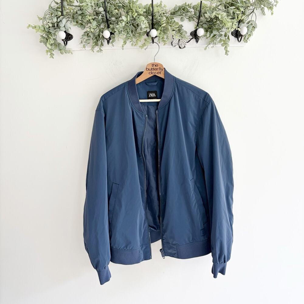 Zara Men’s Bomber Jacket Blue Zip Up Elastic Hem Classic Rubbed Collar Size L